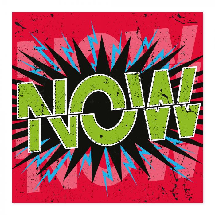 "NOW!" - auffällige Grafik im Comic-Stil, motivierend & energiegeladen.