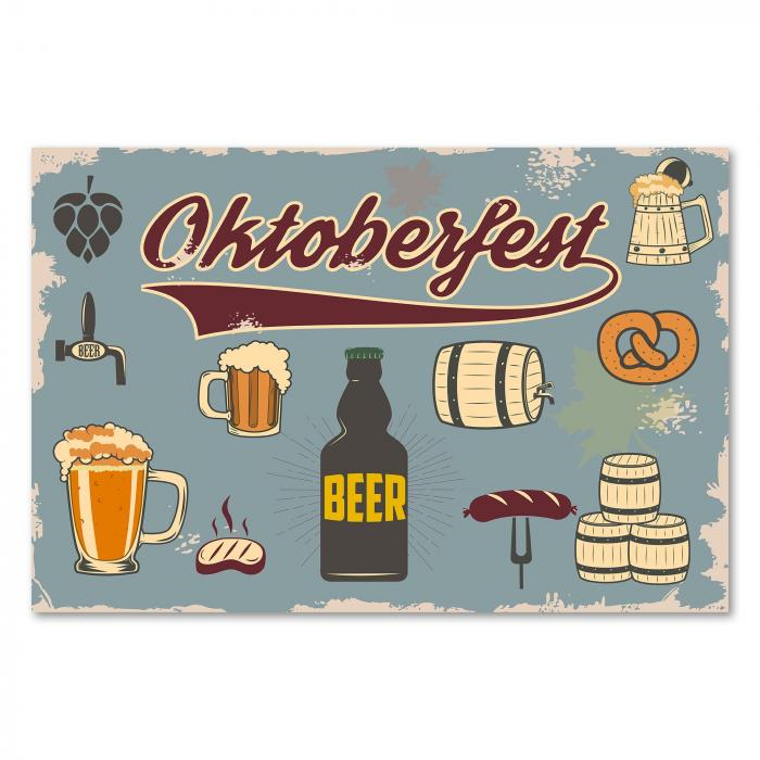 Stimmungsvolles Oktoberfest Poster im Retro-Look mit Illustrationen von Bierkrügen, Brezeln, Fässern und bayrischer Flagge.