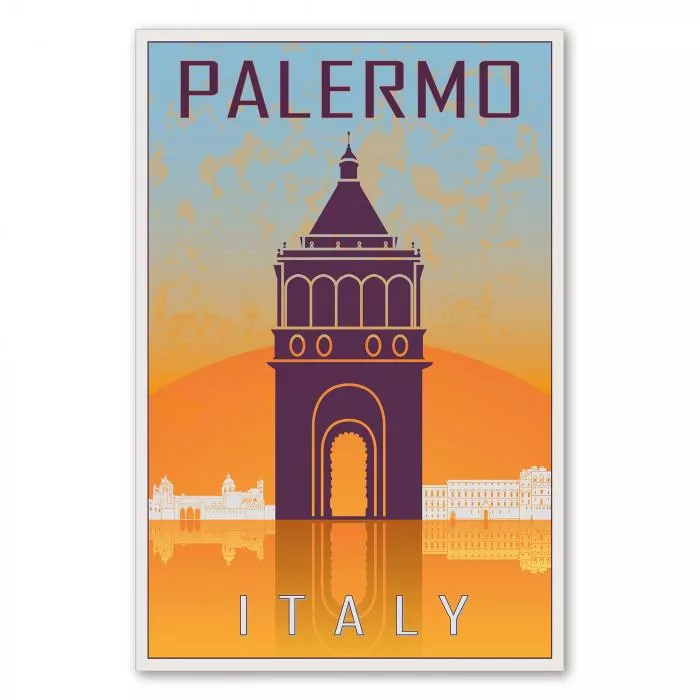 Der Triumphbogen Porta Nuova vor einem warmen Sonnenuntergang – ein historisches Reiseposter von Palermo.