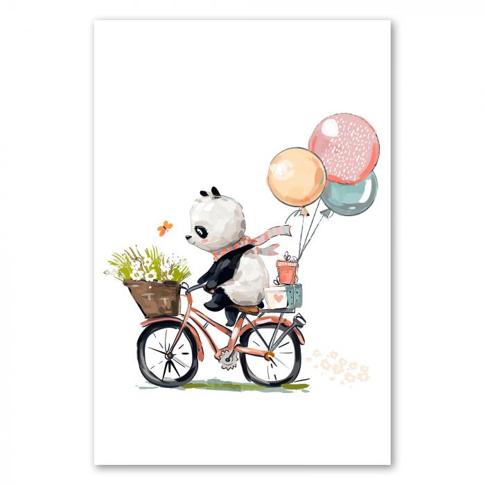 Panda, Schal, Geschenke im Fahrradkorb, fährt fröhlich, bunte Ballons.