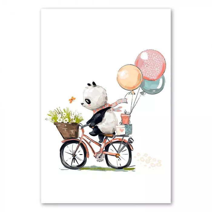 Panda, Schal, Geschenke im Fahrradkorb, fährt fröhlich, bunte Ballons.