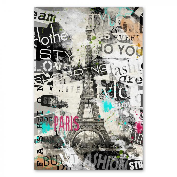 Collage mit dem Eiffelturm in Paris und Wörtern wie Mode und Shopping