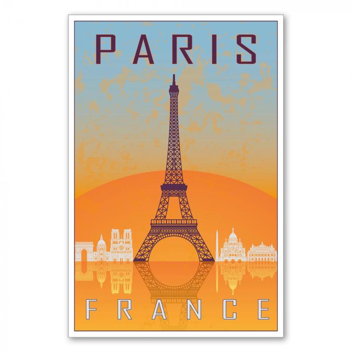 Der Eiffelturm und weitere Wahrzeichen – ein stilisiertes Reiseposter von Paris.