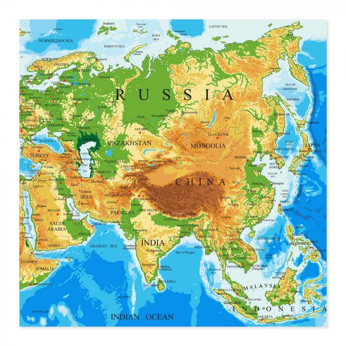 Detaillierte physische Karte von Asien: Länder, Städte & Gewässer.