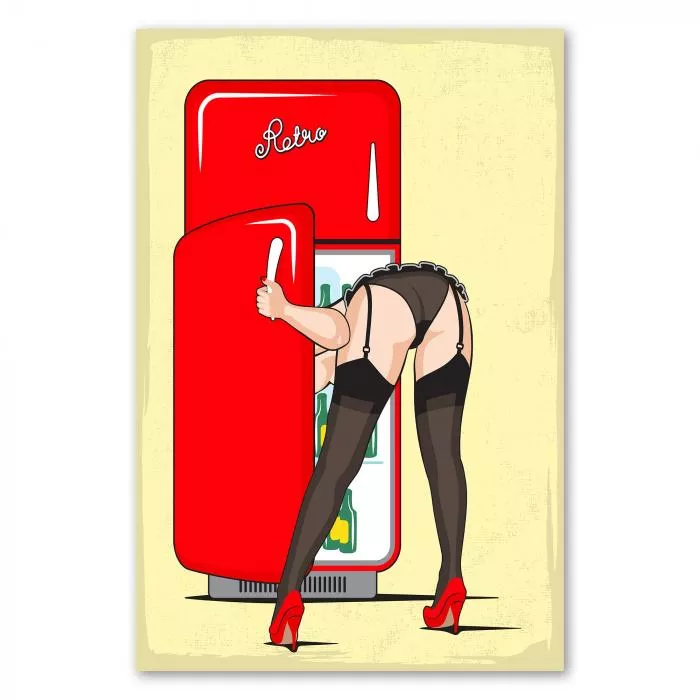 Ein Pin-up Girl am roten Retro-Kühlschrank - eine humorvolle Illustration mit nostalgischem Charme.