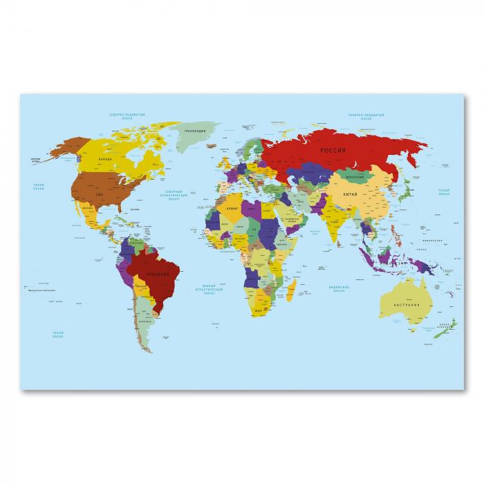 Eine bunte politische Weltkarte mit allen Ländern und Kontinenten, beschriftet auf Russisch.