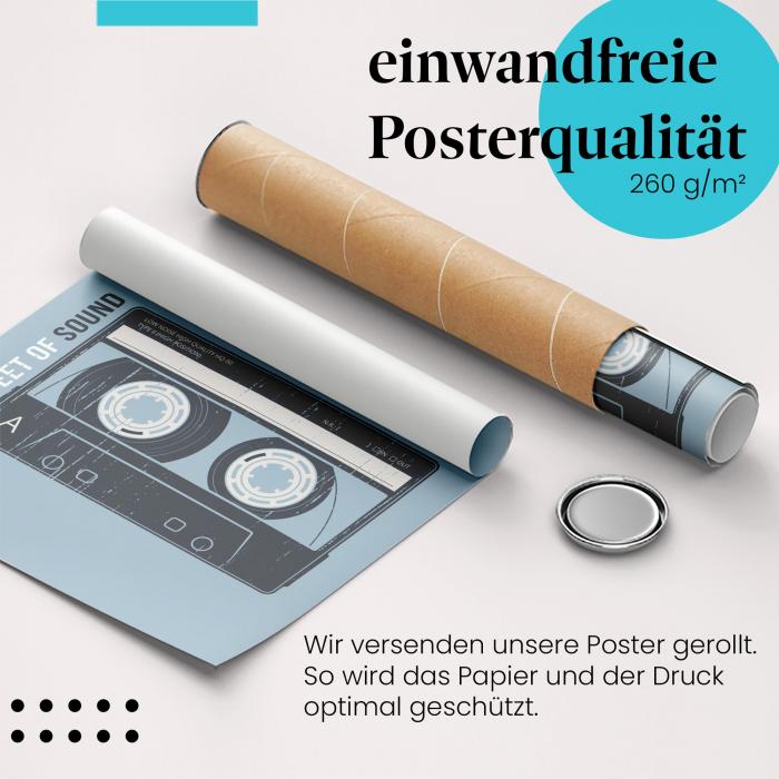 Gerolltes Poster "Retro Kassette". Nostalgisches Design, sicher verpackt.