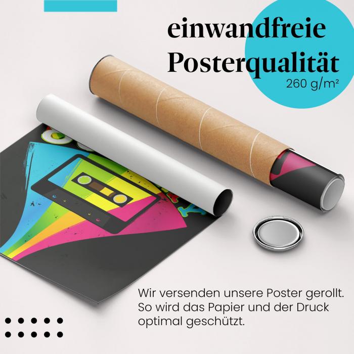 Gerolltes Poster "80er Party" - Buntes Design, sicher verpackt.