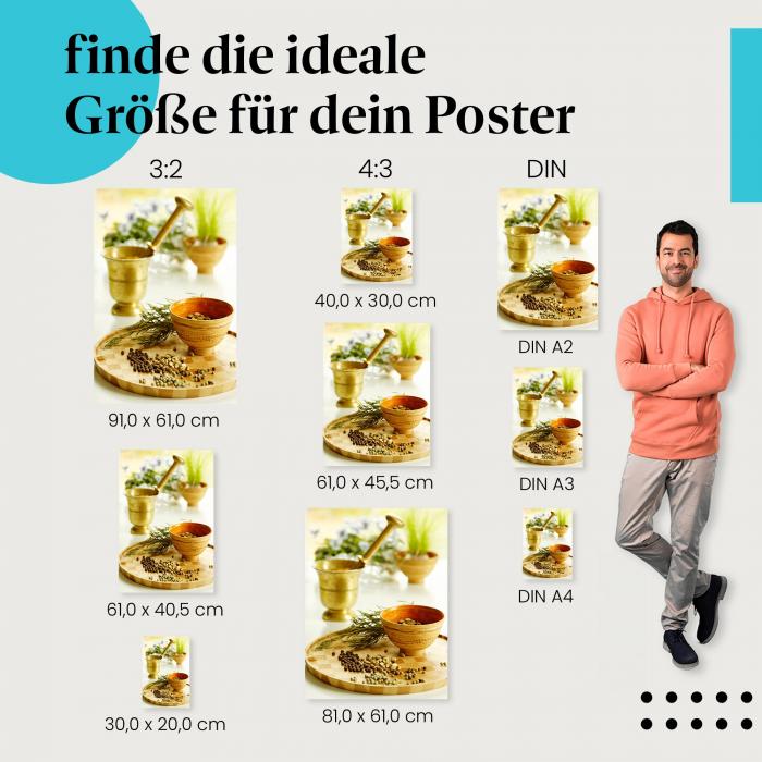 Gewürze, Poster: Schalen, Mörser, Holztablett.