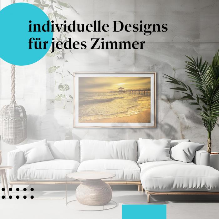 Schlafzimmer Deko: Minimalistisches Zimmer mit "Sonnenuntergang" Poster. Romantische Wanddeko.