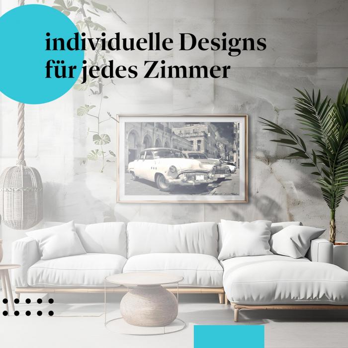 Schlafzimmer Deko: Minimalistisches Zimmer mit "Kubanische Oldtimer" Poster. Wanddeko für Oldtimer-Fans.