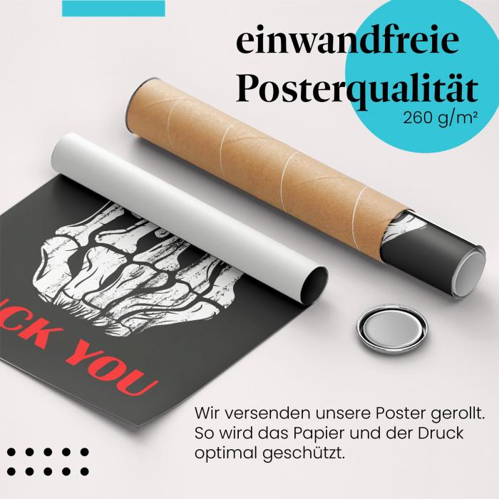 Gerolltes Poster mit Skeletthandmotiv, sicher verpackt.