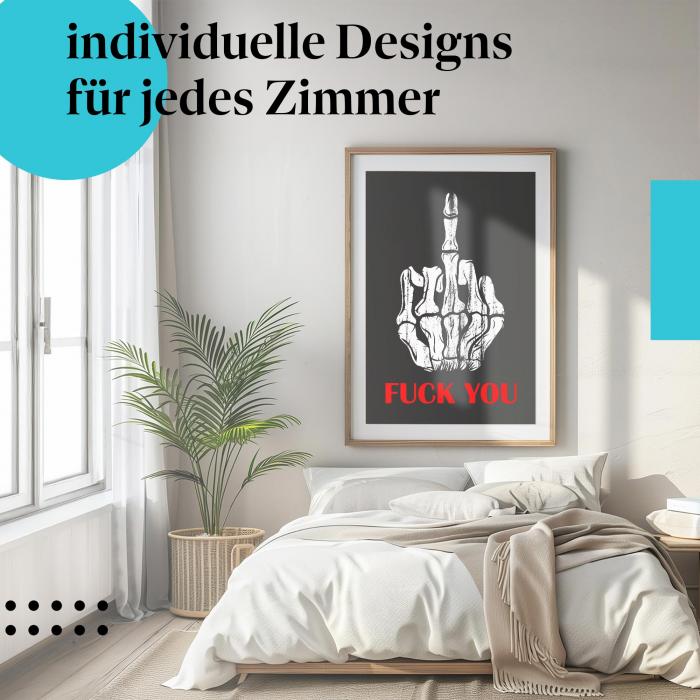 Modernes Schlafzimmer mit gerahmtem "Skeletthand"-Bild, ein Hauch von Auflehnung.