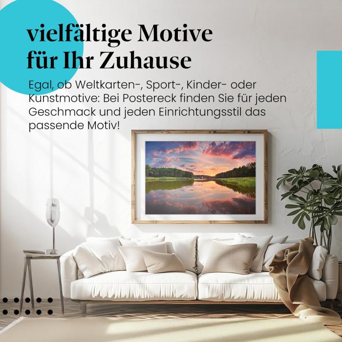 "Abendrot am Fluss": Poster - Spiegelung, Ruhe & Farbenpracht.