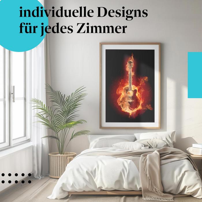 Schlafzimmer Deko: Modernes Zimmer mit "Akustische Gitarre" Poster. Wanddeko für Musikliebhaber.