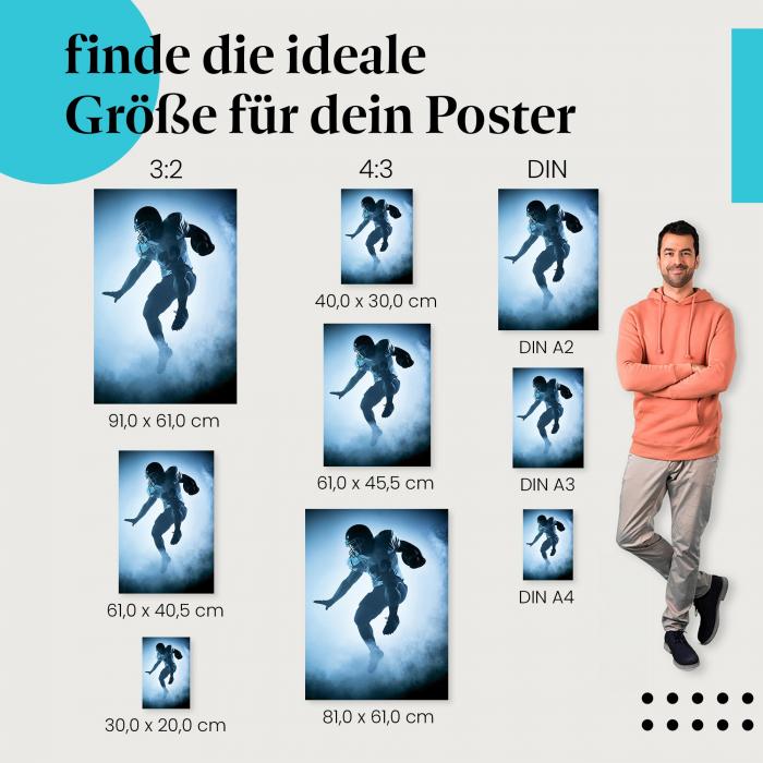 Wähle die ideale Postergröße: American Football Spieler springt in die Luft, blauer Nebel.