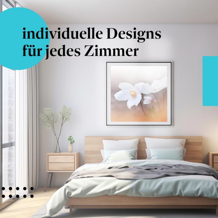 Schlafzimmer Deko: Helles Schlafzimmer mit "Anemonen" Poster. Frühlingshafte Wanddeko für ein frisches Ambiente.