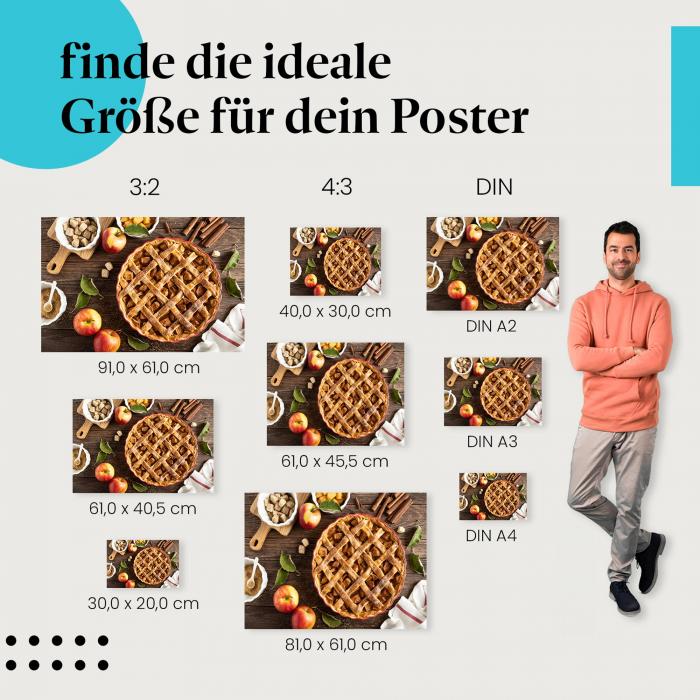 Apfelkuchen, Poster: Gitterteig, Zimt, Herbst.