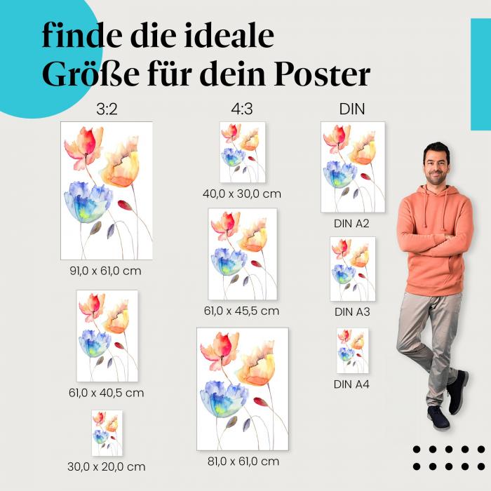 Zarte Farben: Poster "Farbenfrohe Aquarellblumen" - Rot, Gelb & Blau auf Weiß