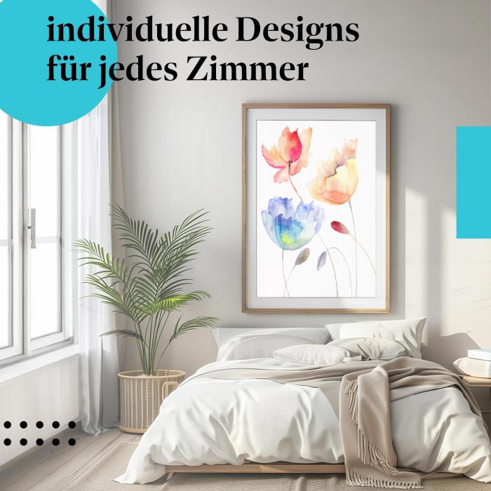 Blumen Poster: "Farbenfrohe Aquarellblumen" - Drei Blumen in Aquarell