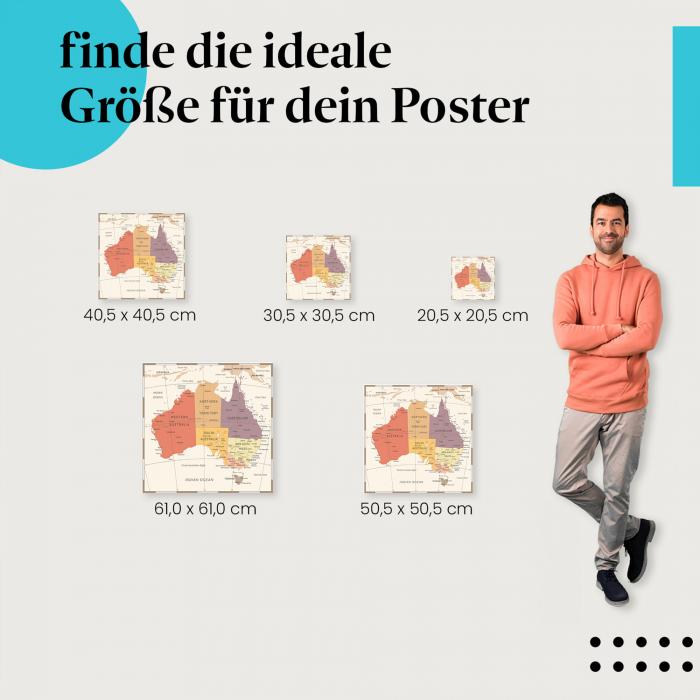 Finde die ideale Größe! Australien, Karte, Bundesstaaten.