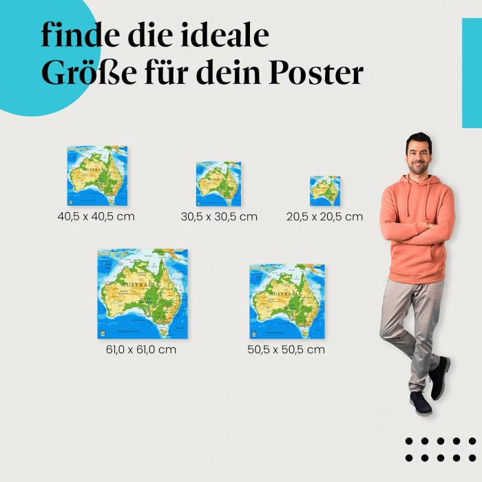 Wähle die ideale Postergröße: Detaillierte Karte von Australien mit Bundesstaaten und Städten.