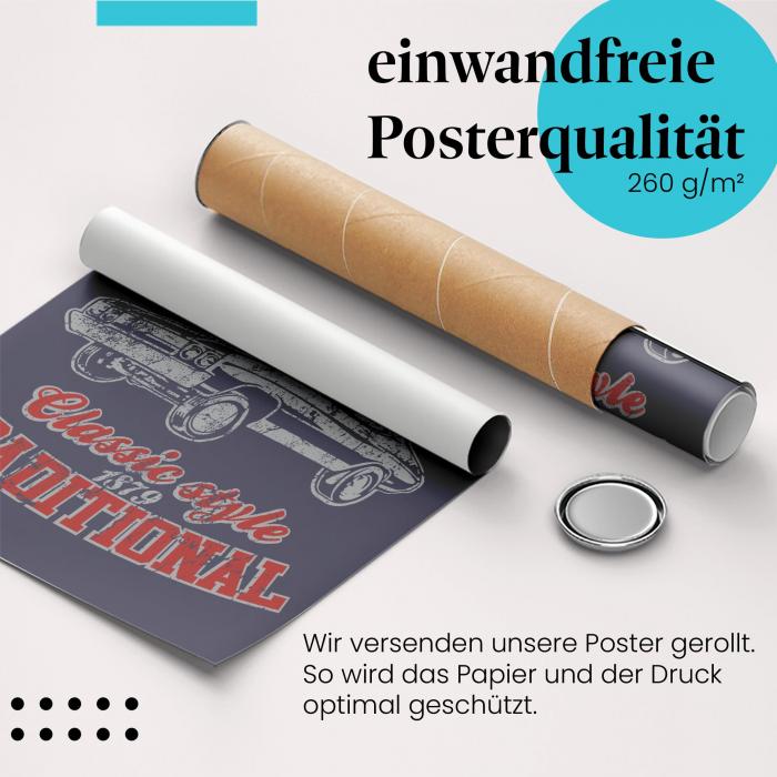 Gerolltes Poster "American Classic" mit Retro-Auto, sicher verpackt.