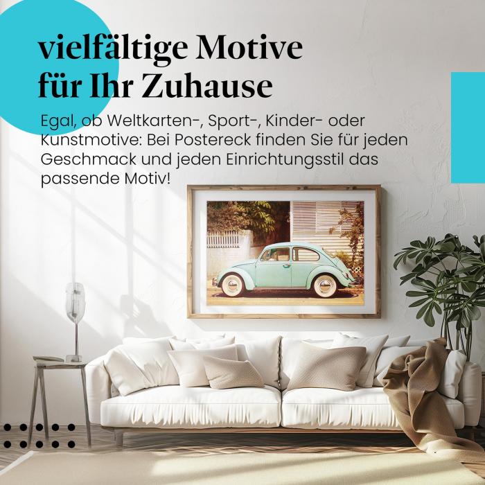 Stylisches Leinwandbild: Pastellgrüner VW Käfer im Vintage-Look. Deko für alle Retro-Fans.