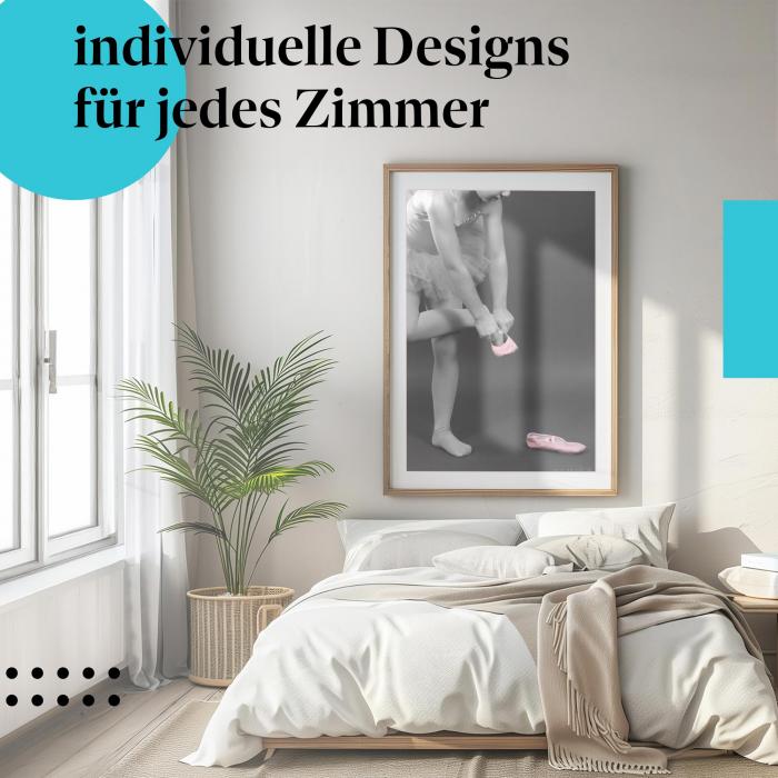 Schlafzimmer Deko: Modernes Schlafzimmer mit "Ballettschuhe" Poster. Stylische Wanddeko.