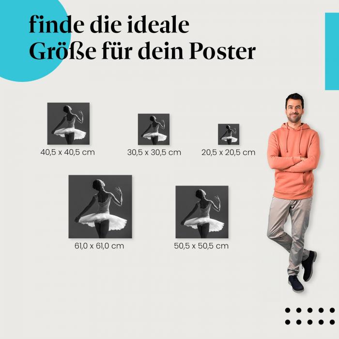 Wähle die ideale Postergröße: Schwarzweißaufnahme einer Balletttänzerin von hinten im weißen Tutu.