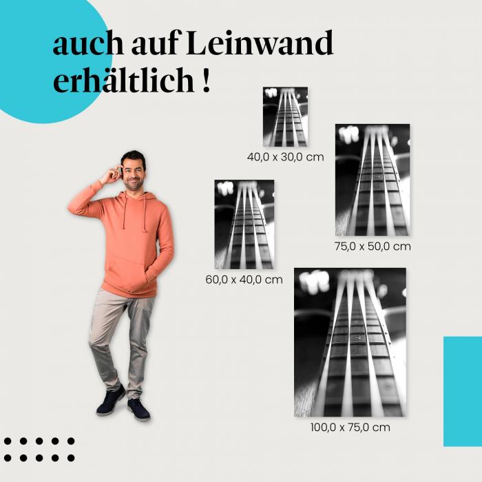 E-Bass: Leinwandbild. Hals, Saiten, schwarz-weiß, dynamisch.