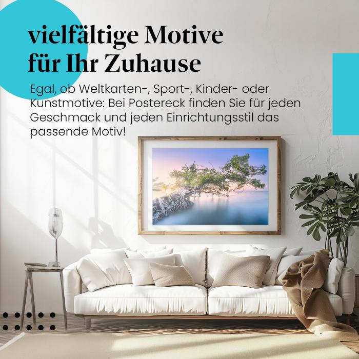 Leinwandbild "Baum im Wasser": Sonnenaufgang, warmes Licht - ein faszinierendes Motiv.