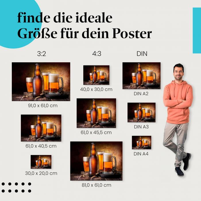 Finde die ideale Postergröße: Bier, Flaschen, Gläser, Schaum, Holztisch.