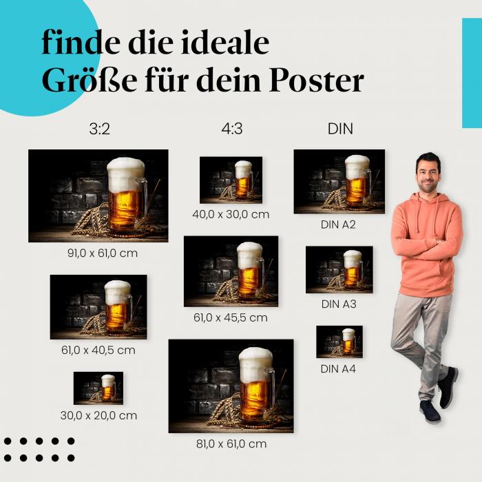 Wähle die ideale Postergröße: Glas Bier mit Schaumkrone, Ähren auf Holztisch.