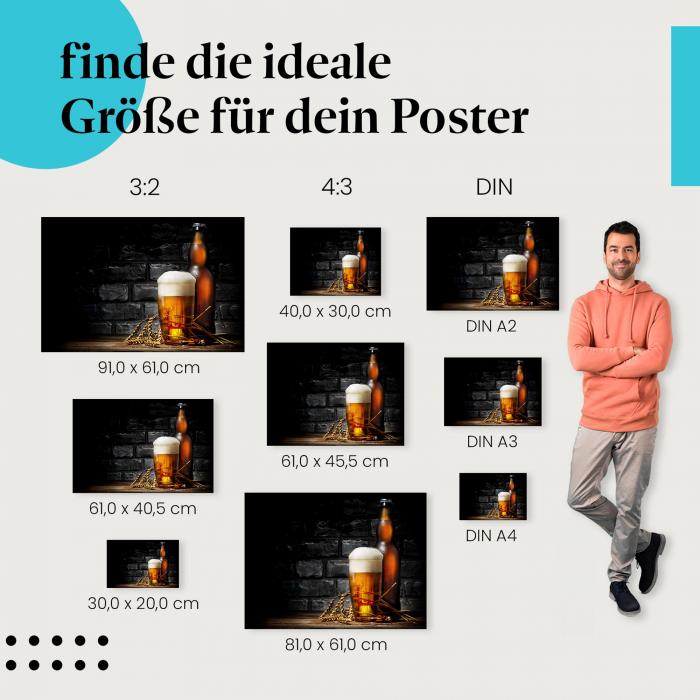 Entdecke die passende Postergröße: Bierglas, Flasche, Ähren, Holztisch.