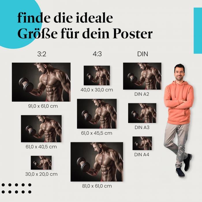 Fitness, Poster: Mann, Bizeps, Kurzhantel, konzentriert.