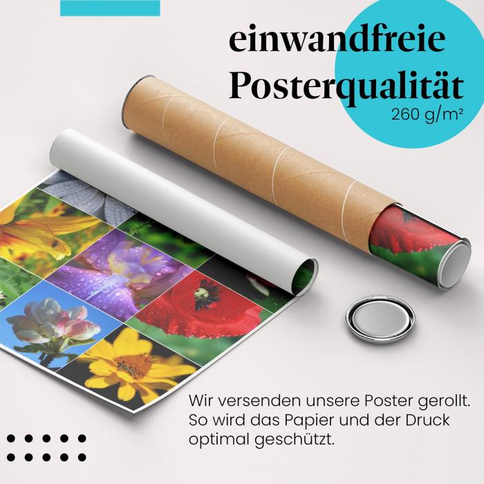 Gerolltes Poster "Blumenpracht". Bunte Blüten, sicher verpackt.