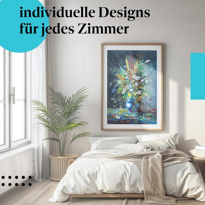 Schlafzimmer Deko: "Blumenpracht" Poster in modernem Schlafzimmer. Wanddeko für Blumenliebhaber.