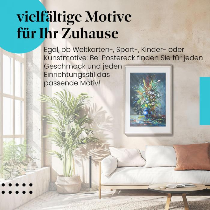 Stylisches Leinwandbild: Blumenpracht im blauen Krug. Wanddeko für alle, die Blumen lieben.