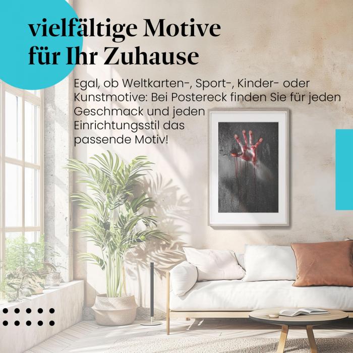 Leinwandbild "Verzweiflung - Blutige Hand hinter Glas". Düstere Wanddeko für Horror-Fans.