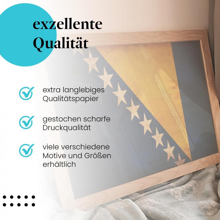 Gerahmtes Wandbild "Bosnien & Herzegowina Flagge". Hochwertig gedruckt, langlebig. Verschiedene Motive & Größen.