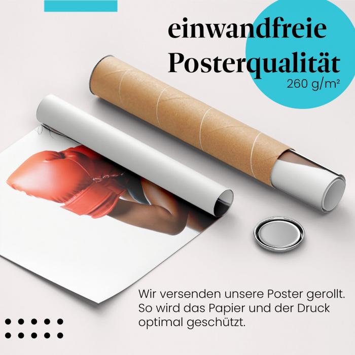 "Sportliche Frau": Gerolltes Poster, Boxhandschuhe.