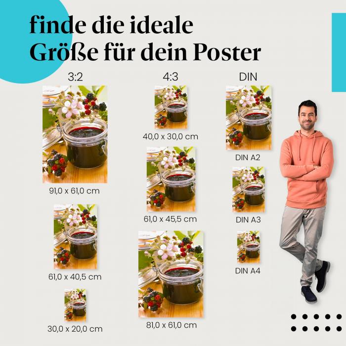 Entdecke die passende Postergröße: Brombeermarmelade, Brombeeren, Blüten, fruchtig.