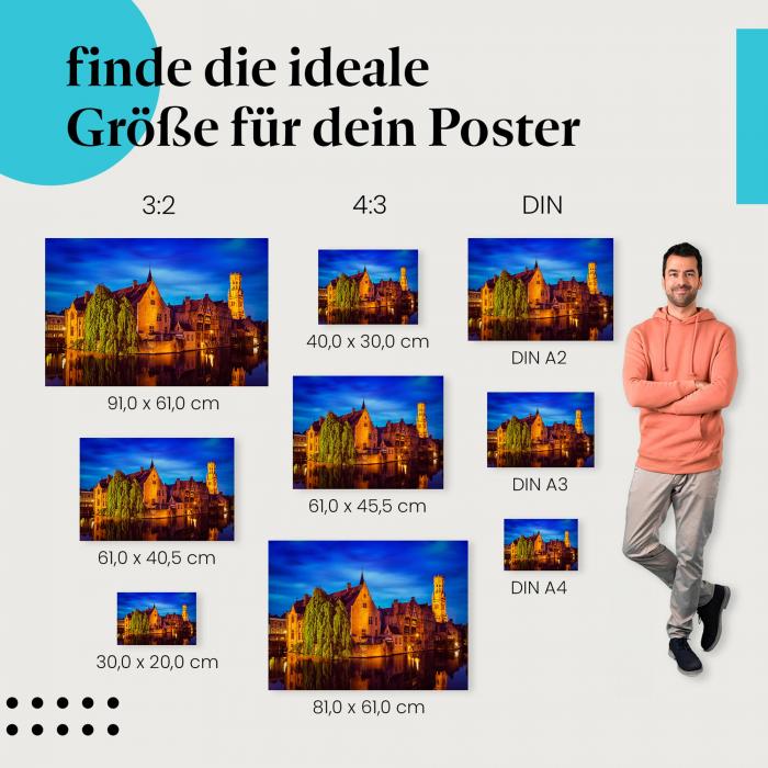 Finde die ideale Postergröße: Brügge bei Nacht: Kanäle, Häuser, warme Farben, Charme.