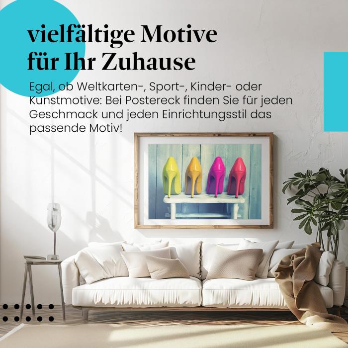 Stylisches Leinwandbild: Bunte High Heels auf Holzbank - Stilvolles Fashion Statement.