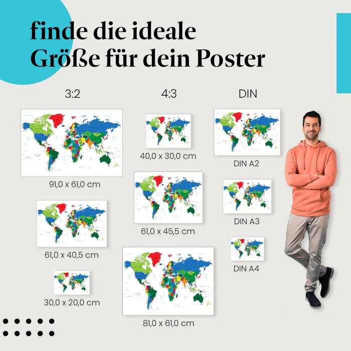 Bunte Weltkarte Poster: Ländergrenzen - finde die passende Größe!