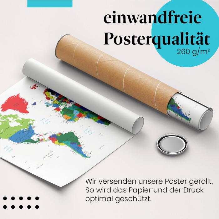 "Weltkarte": Gerolltes Poster - bunt, Ländergrenzen.