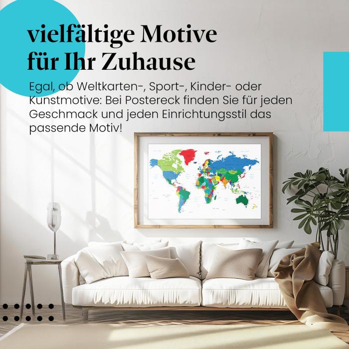 Stylisches Leinwandbild: Bunte Weltkarte mit Ländergrenzen.