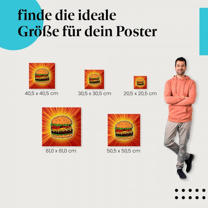 Wähle die ideale Postergröße: Saftiger Burger im Comic-Stil, bunter Hintergrund.