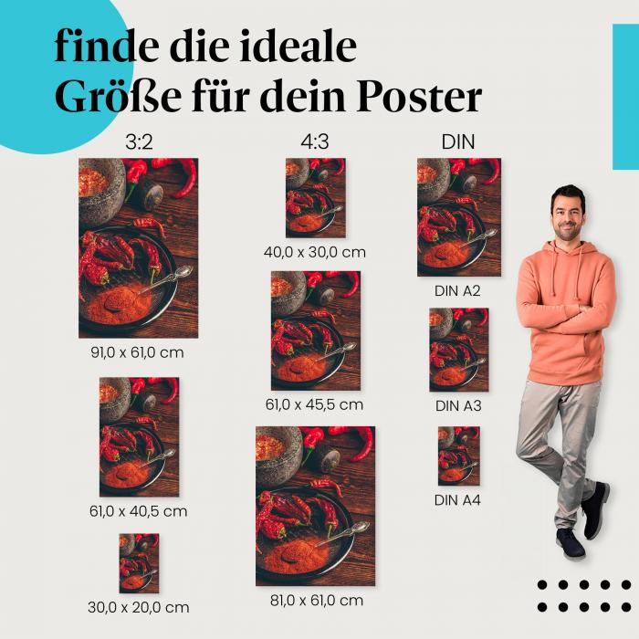 Chili, Poster: Getrocknet, gemahlen, frisch, Holztisch.